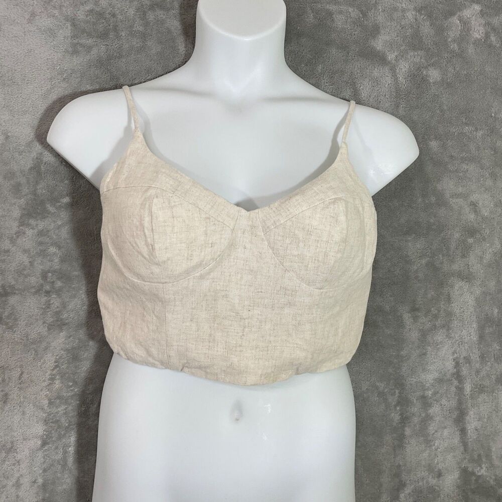 Bardot Boho Crop Top Women L Bustier Linen Blend stays smocked back Coquette